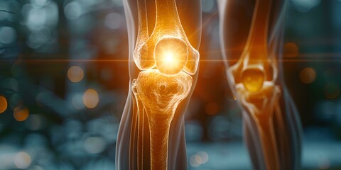 Closeup of inflamed knee joint showing medical condition. Concept Inflamed Knee Joint, Medical Condition, Close-up Photography, Health Issue, Painful Swelling - obrazy, fototapety, plakaty