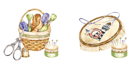 set of watercolor composition with embroidery tools, hand drawn sketch of handiwork with needlework basket, scissors, flosses, yarn, pincushion, embroidery frame with picture, on white background