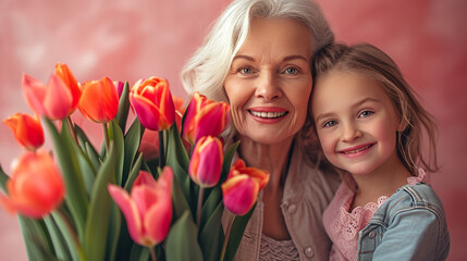 Happy mother's day! Beautiful young girl and her grandmother with flowers - 742707765