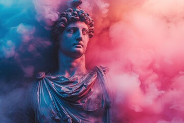 Sculpture of a classical figure shrouded in a swirl of vibrant pink and blue smoke - obrazy, fototapety, plakaty