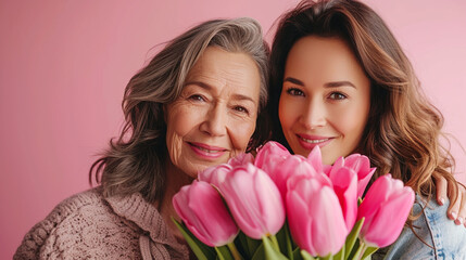 Happy mother's day! Beautiful young woman and her mother with flowers - 742707977