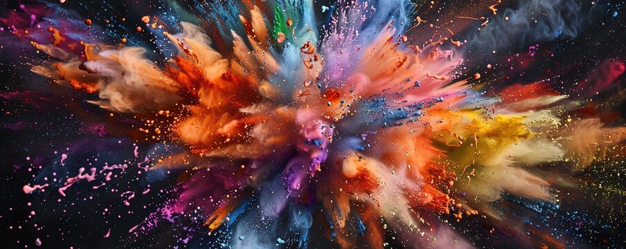 Explosion of bright colorful paint on black background, burst of multicolored powder, abstract pattern of colored dust splash