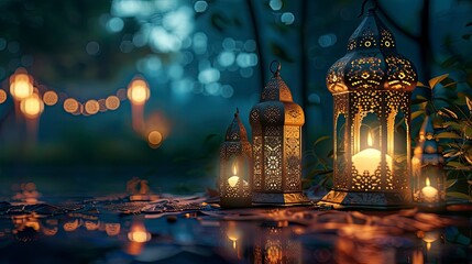 Decorated Arabic lanterns with lighted candles light up at night. Festive greeting card, invitation for the Muslim holy month of Ramadan Kareem - Eid Ul Fitr - generative ai