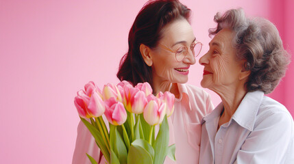 Happy mother's day! Beautiful young woman and her mother with flowers - 742708182