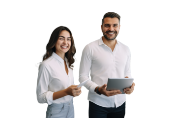 Office managers wear suits and use tablets, while the more positive employees wear jeans and use phones.
