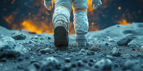 Astronaut walking on the surface of the new planet. Exploration of the cosmos concept.