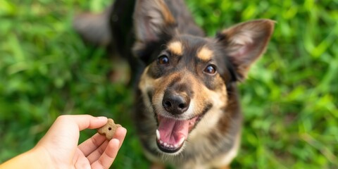 hand giving a treat to a dog with blur green grass background top view copy space 
