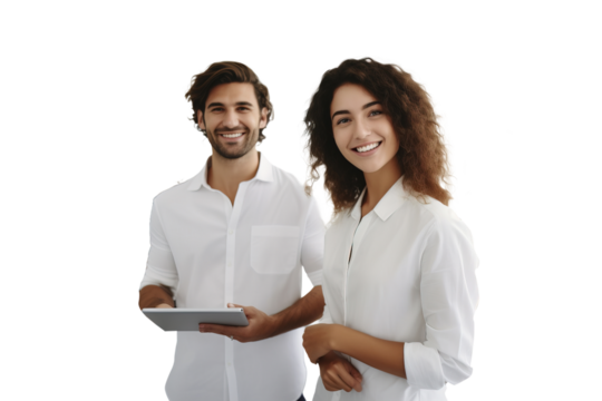 People in office management positions, wearing formal clothes, use a tablet. This is a positive thing.
