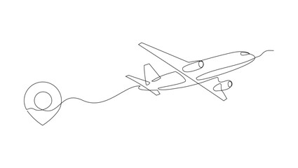 Continuous single line sketch drawing of airplane flying from maps pin pointer location. One line art of holiday travel tourism vector illustration