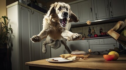 mischievous dog stealing food - obrazy, fototapety, plakaty