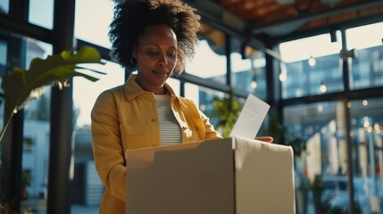 Young woman throws a letter into a cardboard box