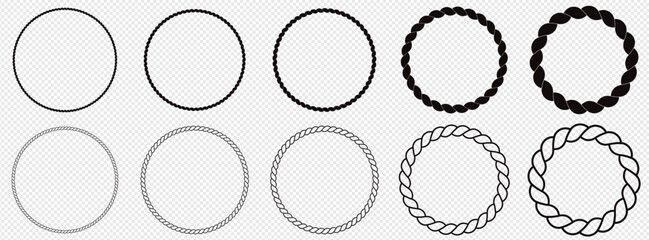Round rope curve symbol set. Different thickness circular ropes set for decoration. Vector isolated on transparent background.
