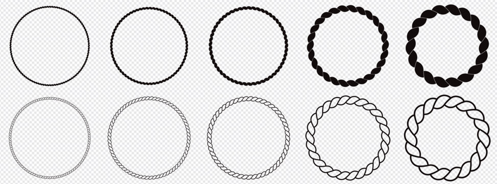 Round rope curve symbol set. Different thickness circular ropes set for decoration. Vector isolated on transparent background.
