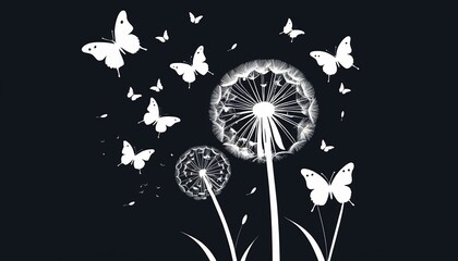 Beautiful Dandelion and Butterflies in Flat Style Illustration