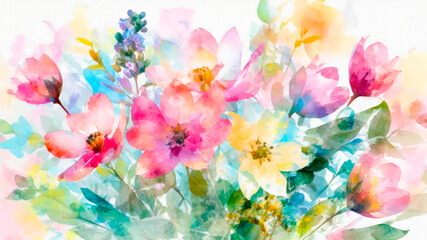 Watercolor illustration of spring summer flowers on white background