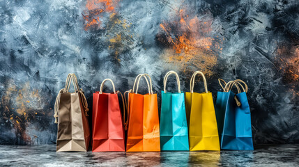 An array of vibrant shopping bags showcasing convenience variety and modernity against a sleek E-commerce backdrop