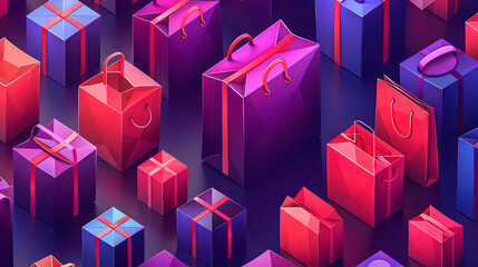 An array of vibrant shopping bags showcasing convenience variety and modernity against a sleek E-commerce backdrop