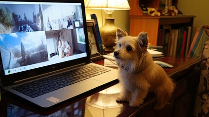 online video conference dog - obrazy, fototapety, plakaty