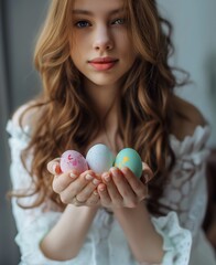 Fototapeta na wymiar Close-up portrait of beautiful young woman with easter eggs.
