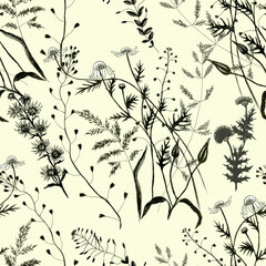 Floral pattern. Wild flowers and herbs - seamless pattern, decorative composition on a watercolor background. Use printed materials, signs, objects, websites, maps, posters, flyers.