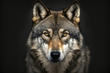 Naklejka na ściany i meble Portrait of a beautiful wolf with a penetrating look. Animal on black background. Generative AI