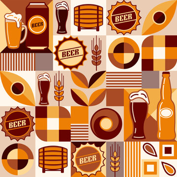 Beer theme background with icons, design elements in simple geometric style. Seamless pattern with abstract shapes. Good for branding, decoration of beer package, cover design, decorative print