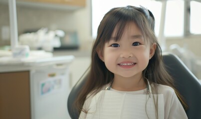 Cute smiling asian little girl with good teeth sitting in light dentist's room on a chair smiling at camera as healthcare concept for children