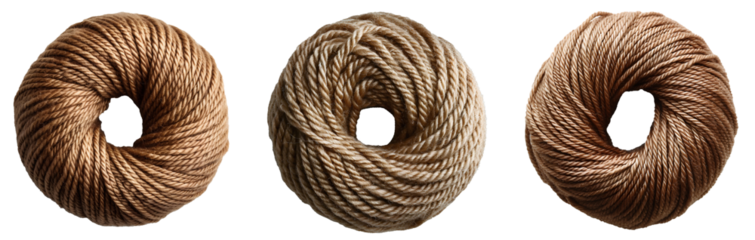 set of knitting balls PNG. ball of brown knitting yarn PNG. brown wool yarn PNG. brown cotton yarn PNG. brown knitting yarn ball for textiles and clothing