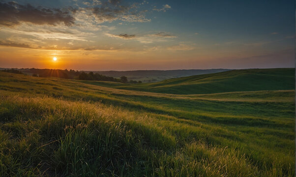 wonderful epic nature landscape of a sun rising at the horizon with a grass field in front