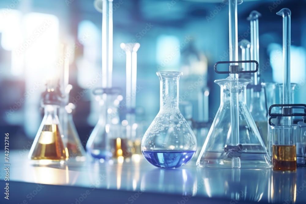 Poster Glass flasks displayed on a countertop, ideal for laboratory or science concepts