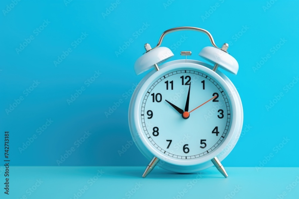 Poster simple white alarm clock on blue background. perfect for time management concepts