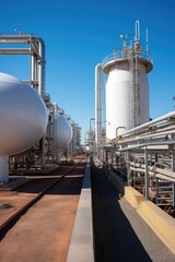Obraz premium A picture of an industrial area with numerous pipes and tanks. Suitable for industrial concepts