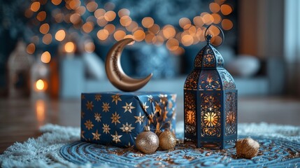 Ramadan Kareem greeting card. Festive decoration on the background of bokeh.