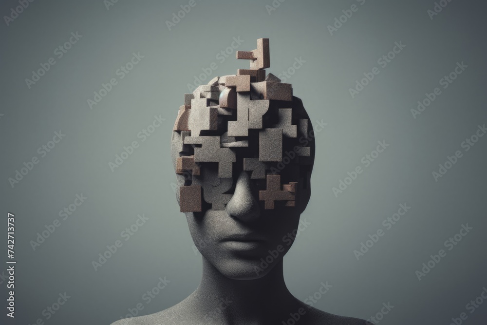 Poster A man's head made up of puzzle pieces. Can be used for concepts of problem solving and creativity