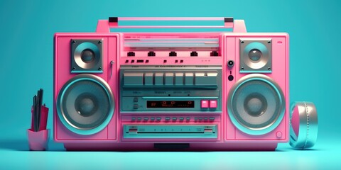 Fototapeta premium A pink boombox placed on a blue surface. Suitable for music and technology concepts