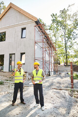 appealing devoted construction workers with level and blueprint looking at each other, builders