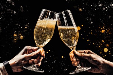 A couple holding glasses of champagne against a black background. Perfect for celebrations and special occasions
