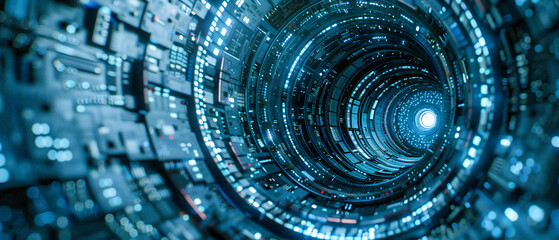 Cyber Data Stream in Futuristic Tunnel, High-Speed Digital Network, Abstract Technology Background, Blue Neon Lights