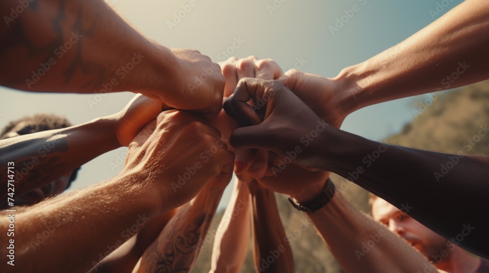 Poster group of people with hands together. suitable for teamwork concepts