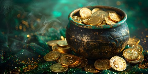 St Patricks Day themed image with pot of gold coins on green. Concept St Patricks Day, Pot of Gold, Green Background, Gold Coins, Festive Decorations - obrazy, fototapety, plakaty