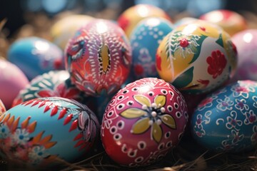 Fototapeta na wymiar Painted Easter eggs on top of hay, perfect for Easter holiday designs