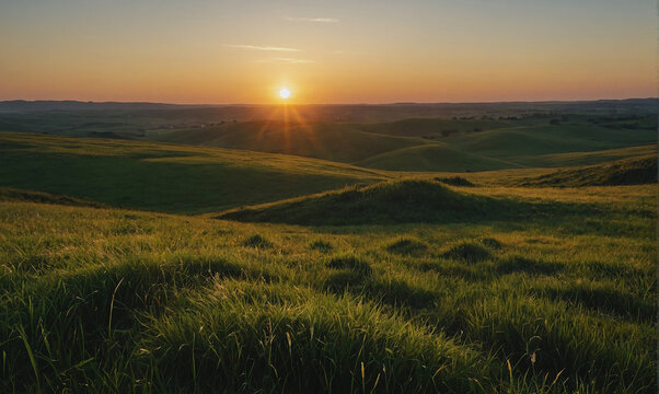 wonderful epic nature landscape of a sun rising at the horizon with a grass field in front