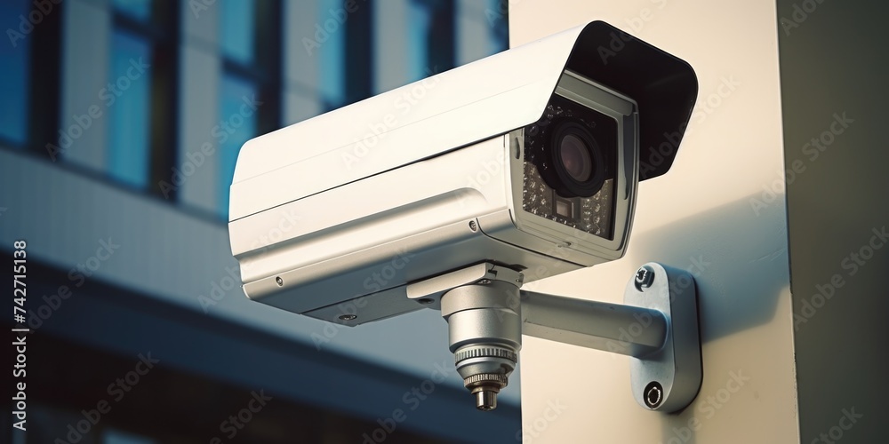 Poster a security camera mounted on a building. ideal for illustrating surveillance concepts