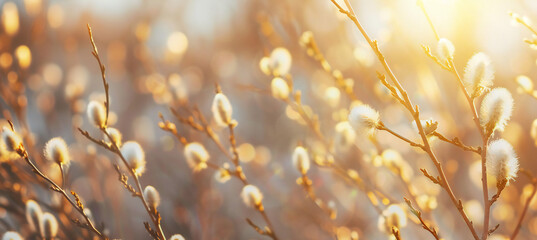 Close up of pussy willow branches, neutral colors, golden hour Easter background - obrazy, fototapety, plakaty