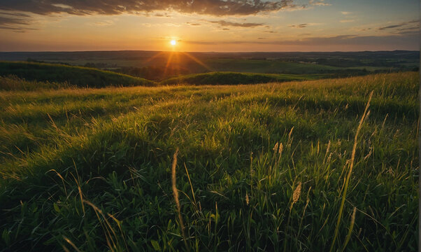 wonderful epic nature landscape of a sun rising at the horizon with a grass field in front