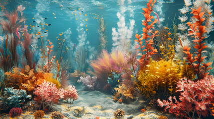 Fototapeta na wymiar A stunning underwater seascape with diverse coral species and floating particles in sunlit waters.