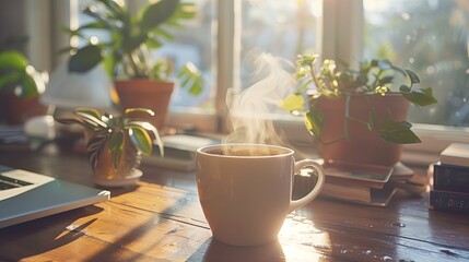 A cup of coffee on the table. Morning coffee break. smoking coffee, sunlight