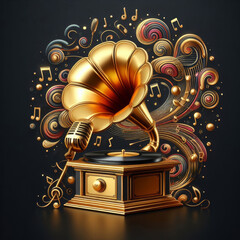 Illustration of a golden gramophone and microphone, musical symbols around, on a dark background, in the style of realism. Generation AI