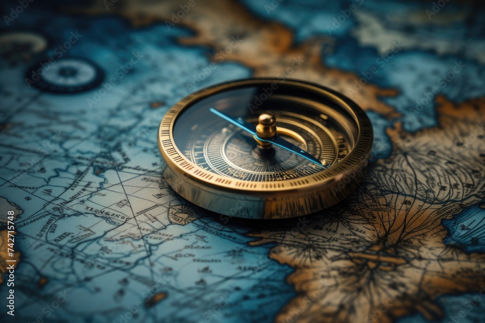 Poster close up of a compass on a map, suitable for travel concepts