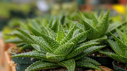 Aloe vera plants with thick leaves, spotted green pattern.